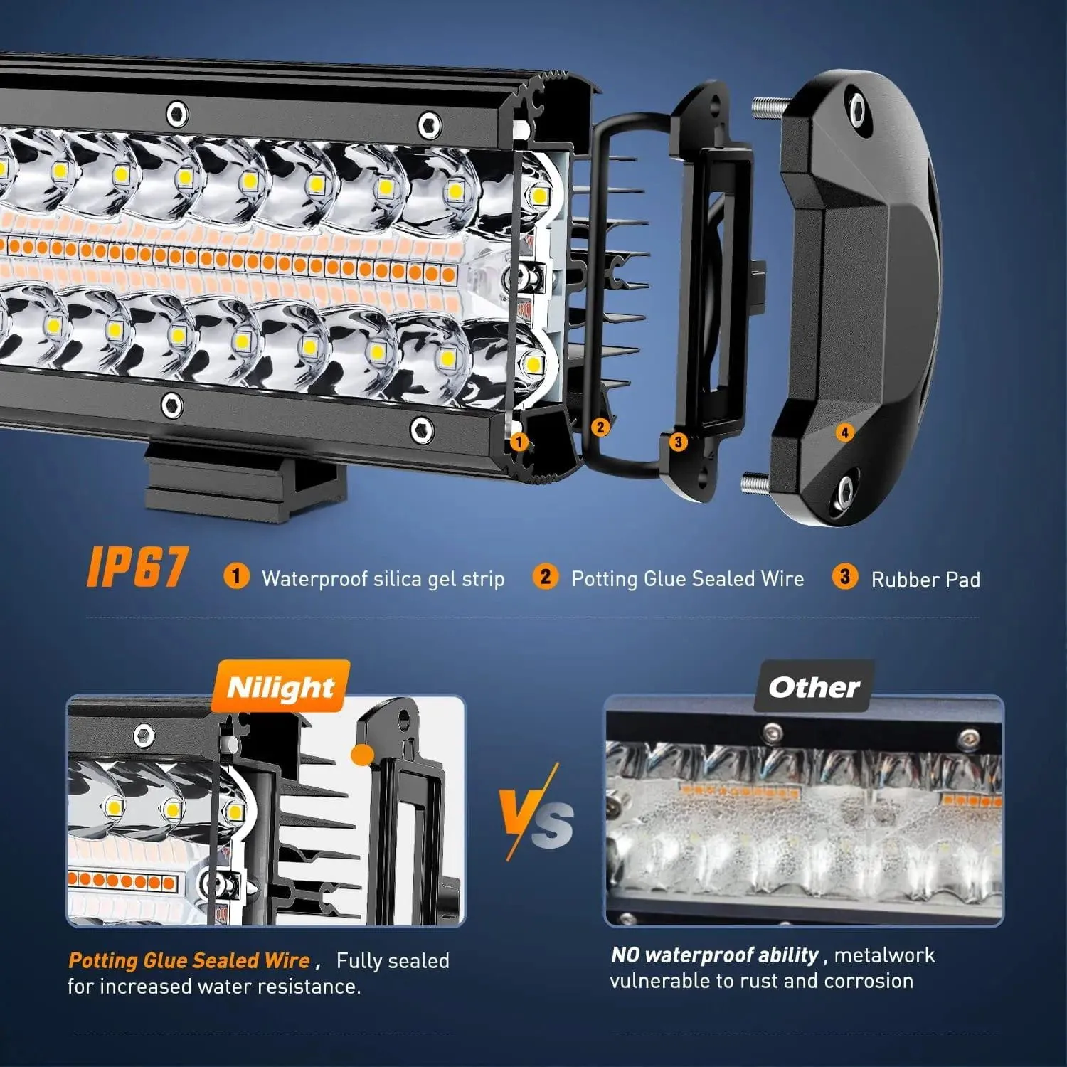 12 Inch 300W Amber White Triple Row Spot/Flood Led Light Bar Kit | 16AWG Wire