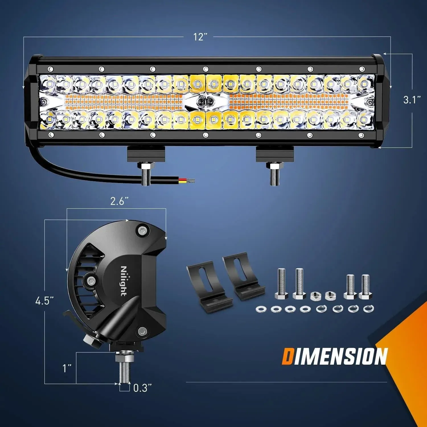 12 Inch 300W Amber White Triple Row Spot/Flood Led Light Bar Kit | 16AWG Wire