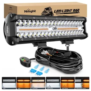 12 Inch 300W Amber White Triple Row Spot/Flood Led Light Bar Kit | 16AWG Wire