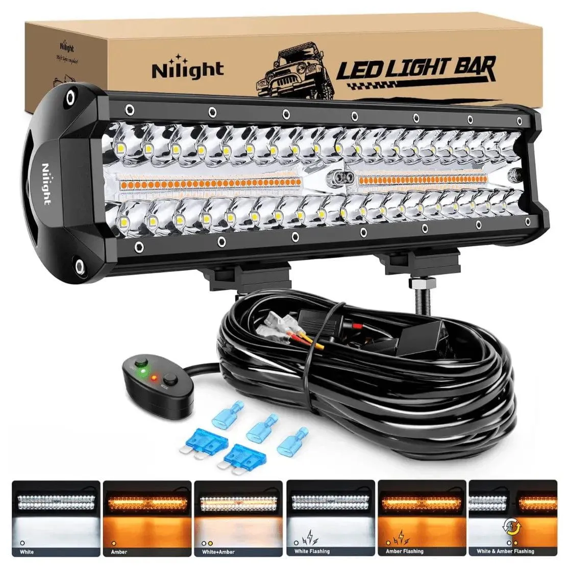 12 Inch 300W Amber White Triple Row Spot/Flood Led Light Bar Kit | 16AWG Wire