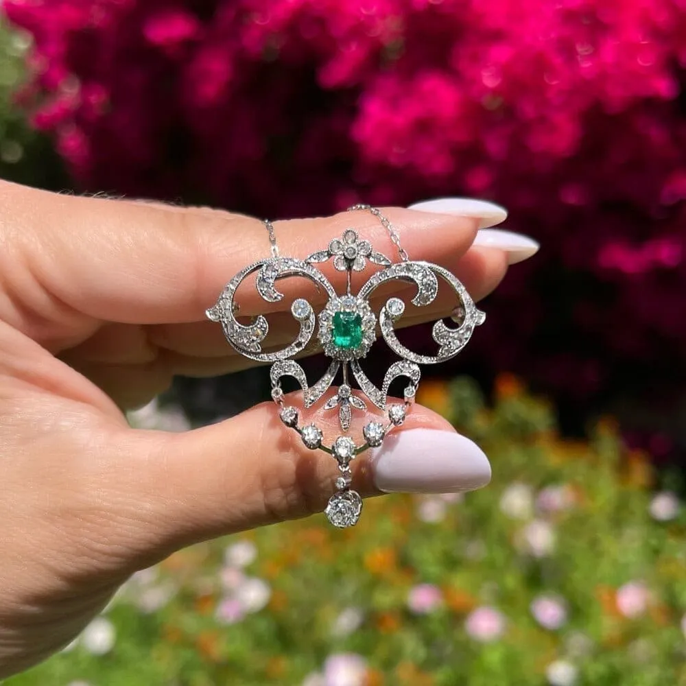 Edwardian Emerald and Diamond Lavalier Necklace at Regard Jewelry in Austin, Texas