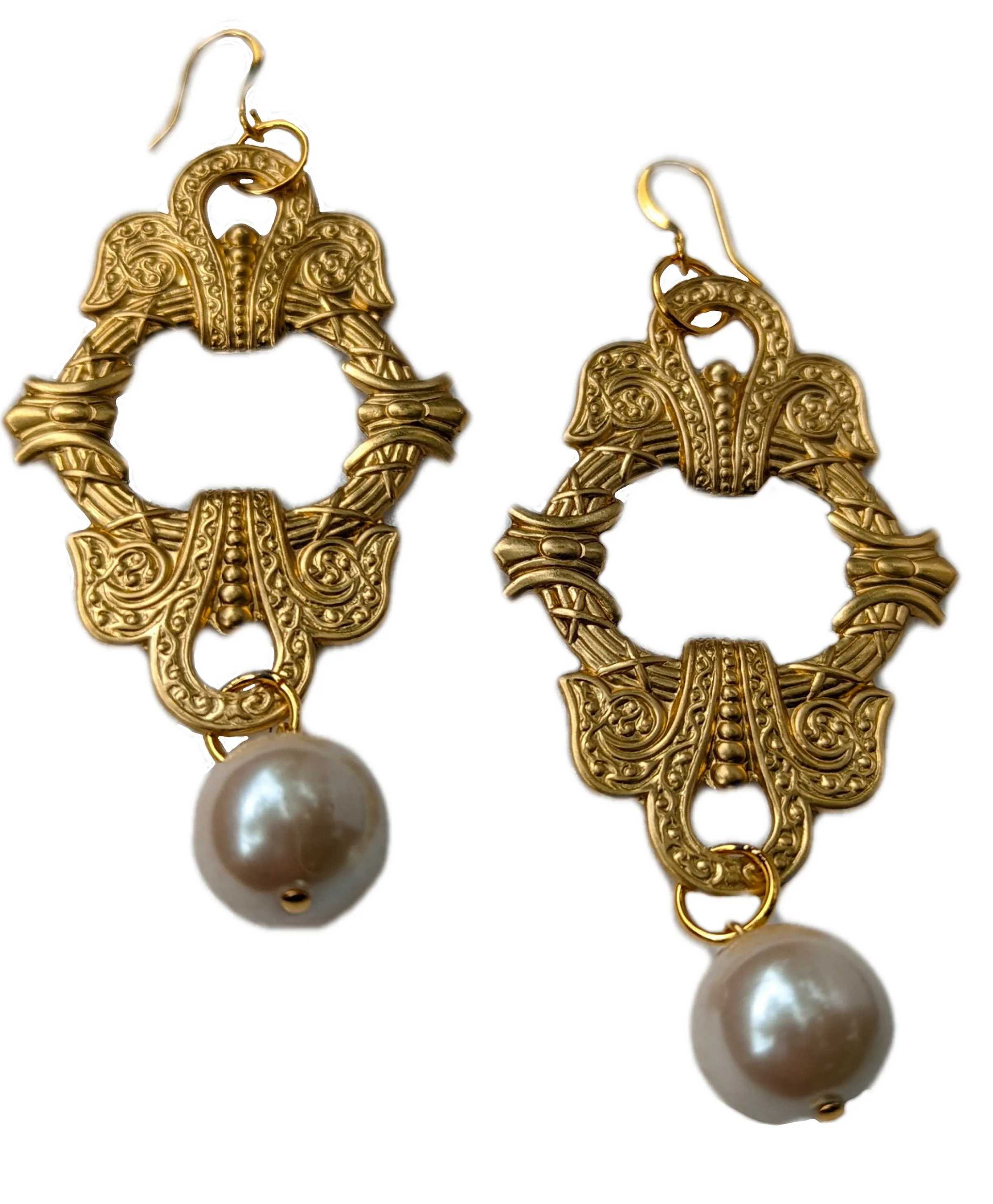 Elizabeth HRM Earrings Brass Pressings Vintage Pearls USA Made Sugar Gay Isber Free Gift Bag Regal