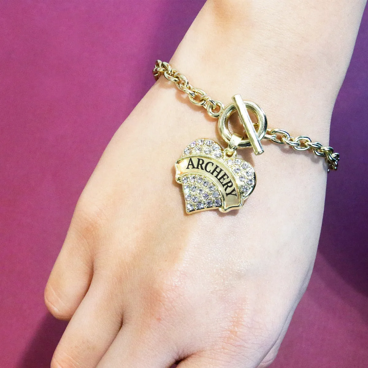 Gold Archery Pave Heart Charm Toggle Bracelet