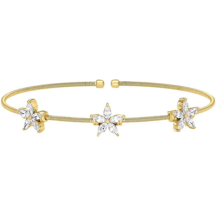 Gold Finish Sterling Silver Cable Cuff Bracelet with Simulated Diamond Flowers