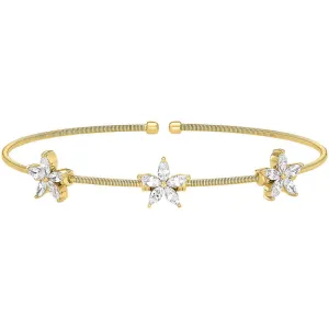 Gold Finish Sterling Silver Cable Cuff Bracelet with Simulated Diamond Flowers