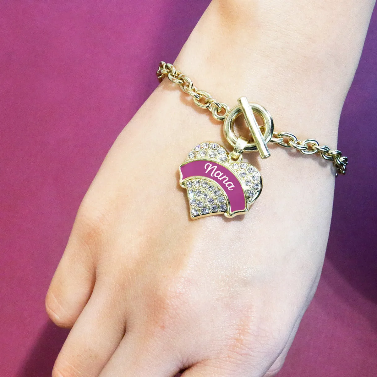 Gold Magenta Nana Pave Heart Charm Toggle Bracelet