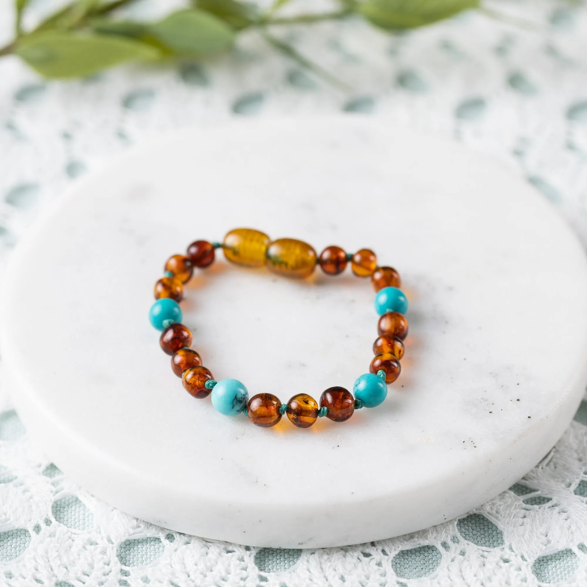 Kids | Turquoise   Cognac Amber Bracelet