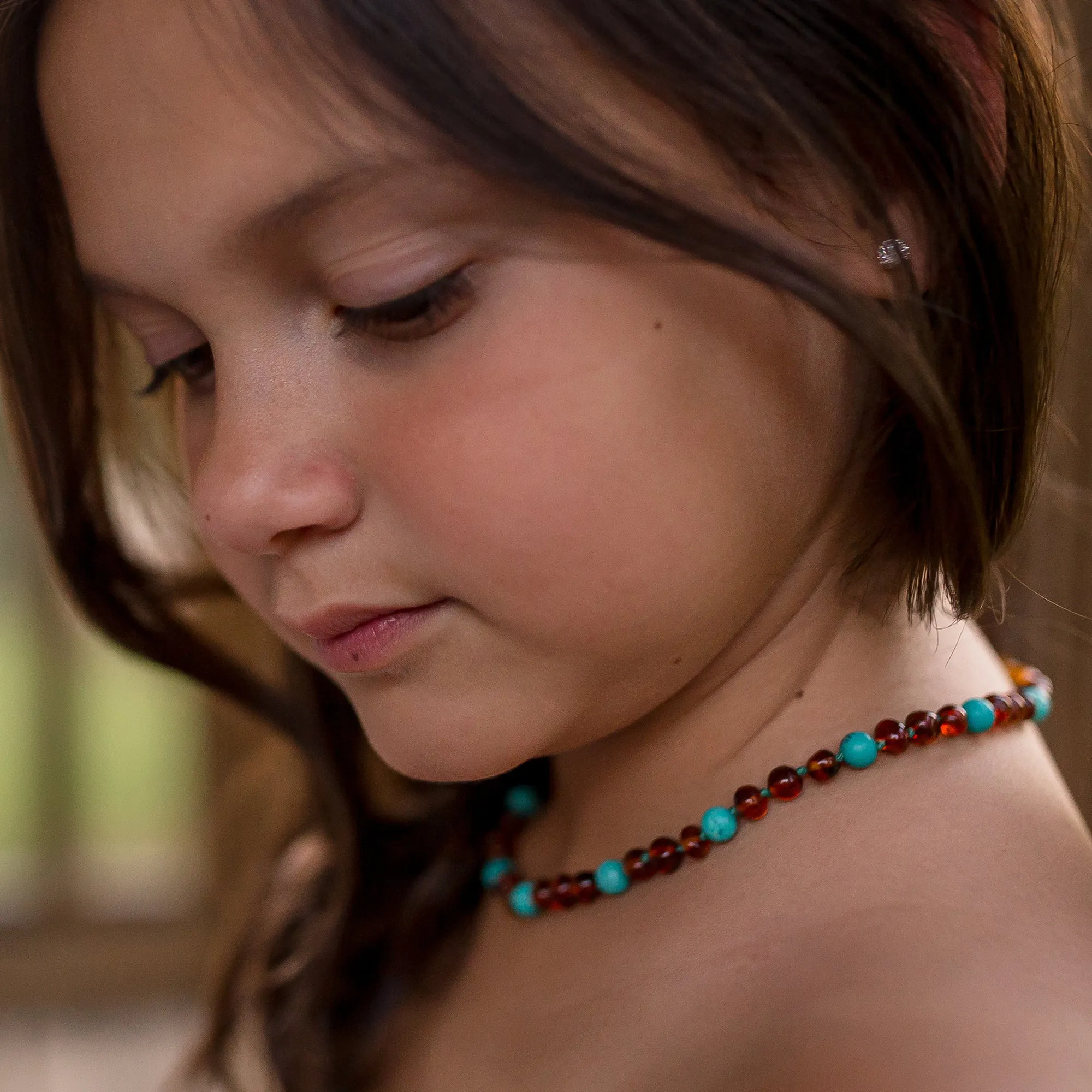 Kids | Turquoise   Cognac Amber Necklace