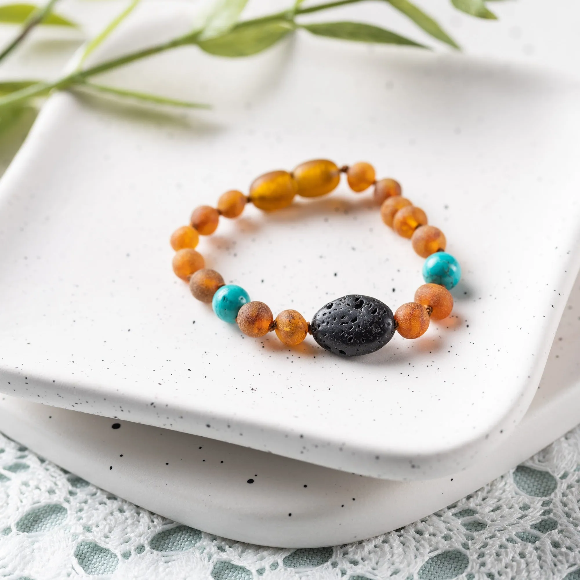 Kids | Turquoise   Raw Cognac Aromatherapy Pendant Bracelet