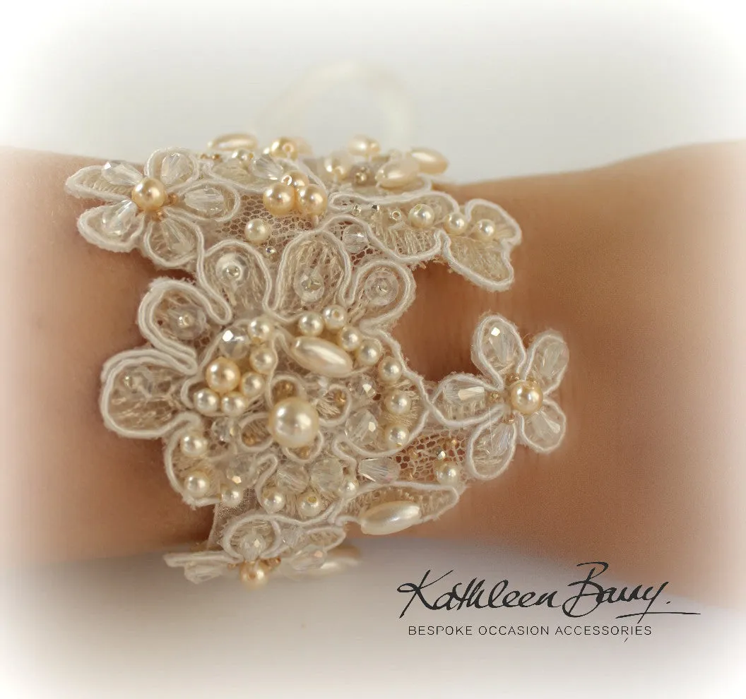 Lace cuff bracelet - bridal wedding lace cuff crystal and pearl embellished - wedding accessories