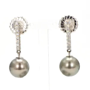 Lustrous Tahitian Pearl & Linear Pave Diamond Drop Earrings