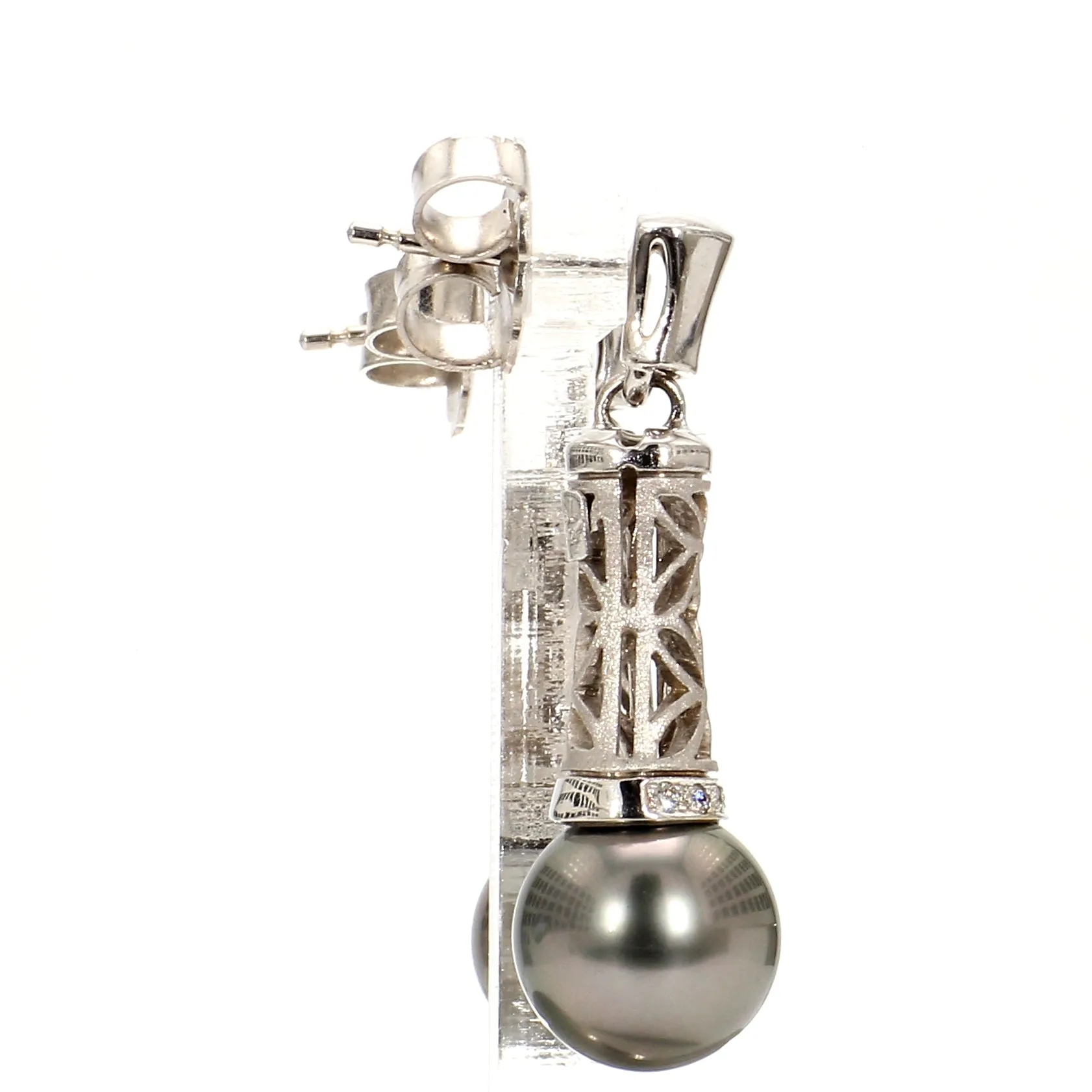 Lustrous Tahitian Pearl & Pave Diamond Botanical Drop Earrings