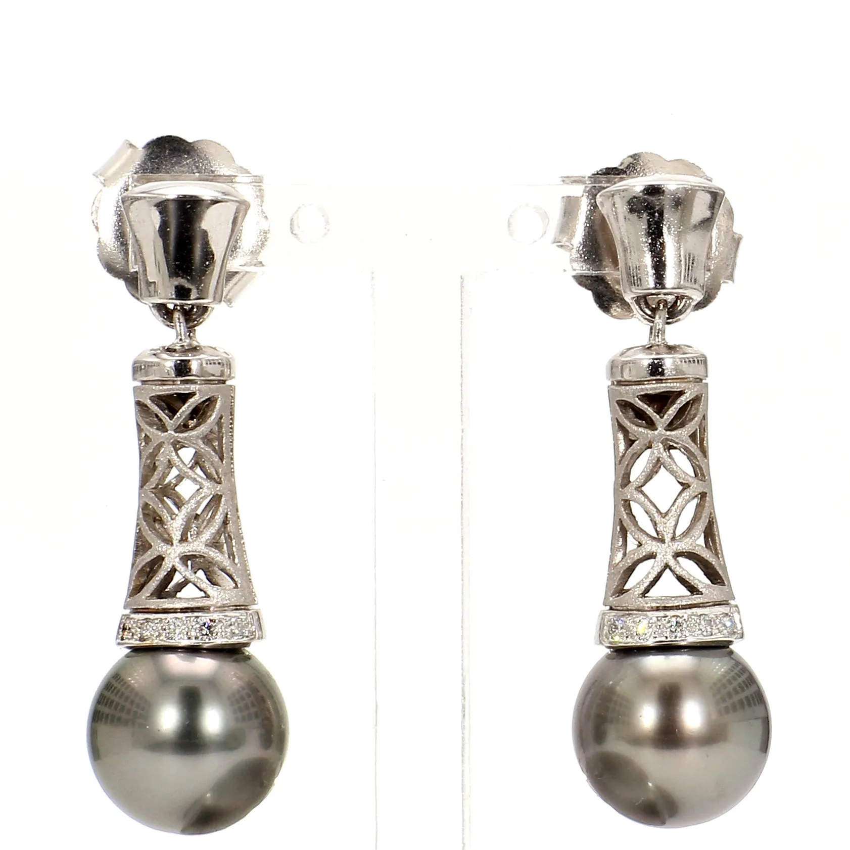 Lustrous Tahitian Pearl & Pave Diamond Botanical Drop Earrings