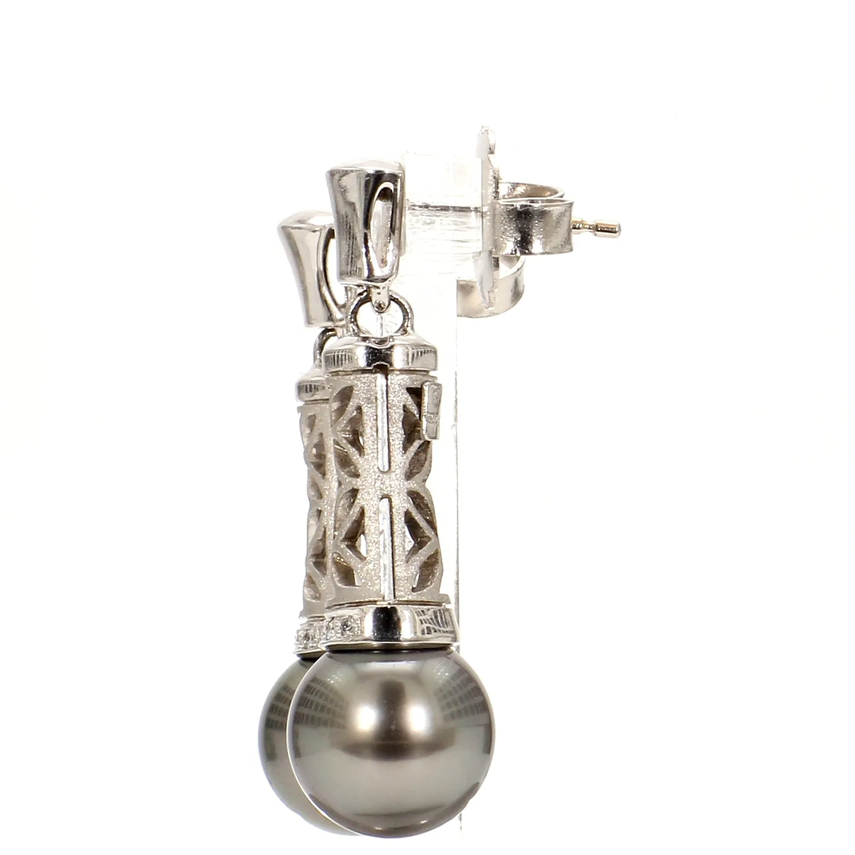 Lustrous Tahitian Pearl & Pave Diamond Botanical Drop Earrings