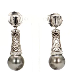 Lustrous Tahitian Pearl & Pave Diamond Botanical Drop Earrings