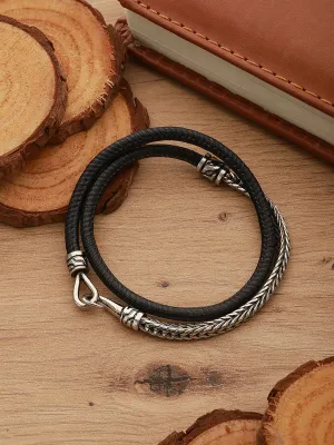Men Silver Toned Black Wraparound Bracelet