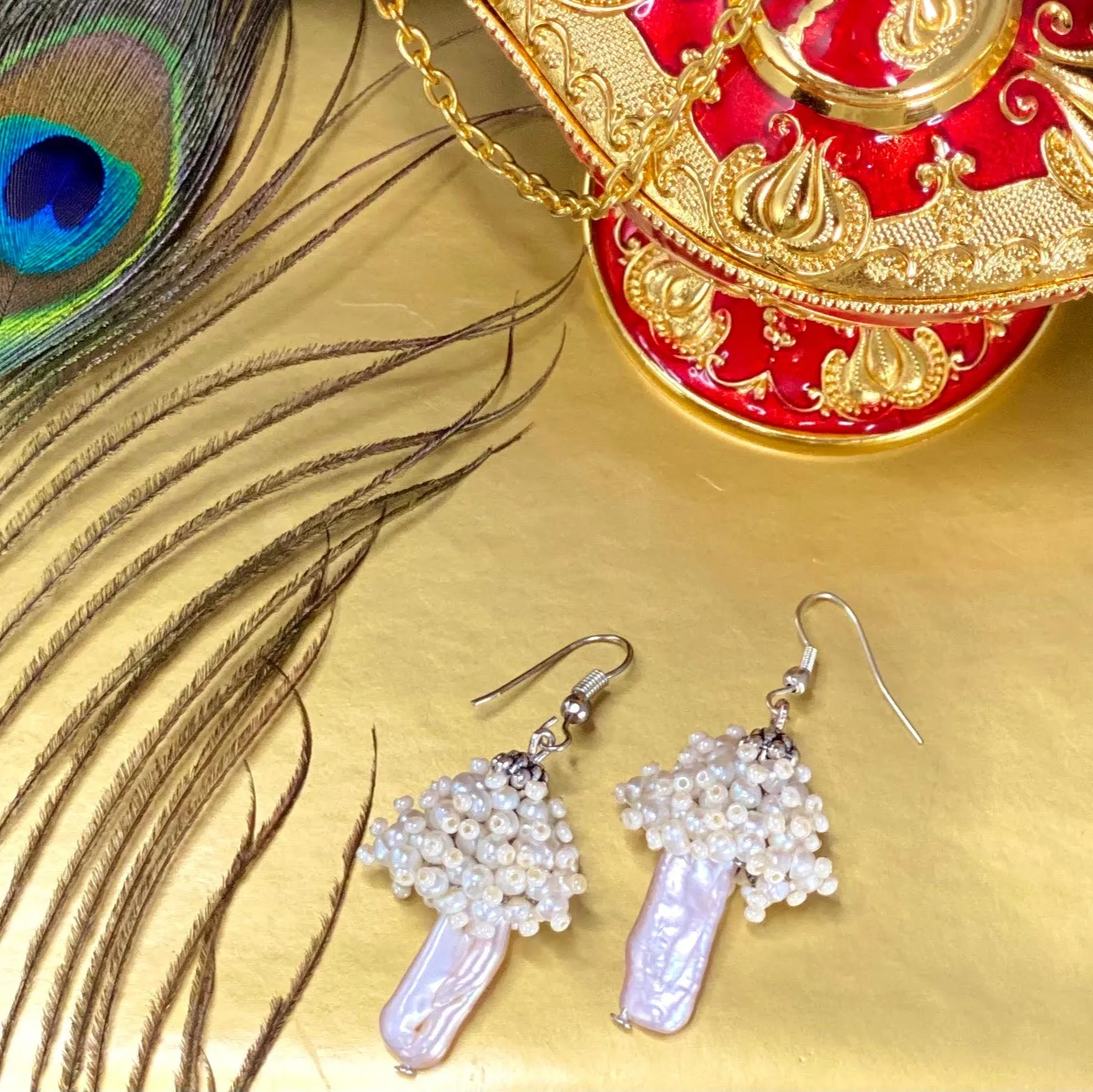 Mushroom Keshi Pearl & Seed Pearl Earrings