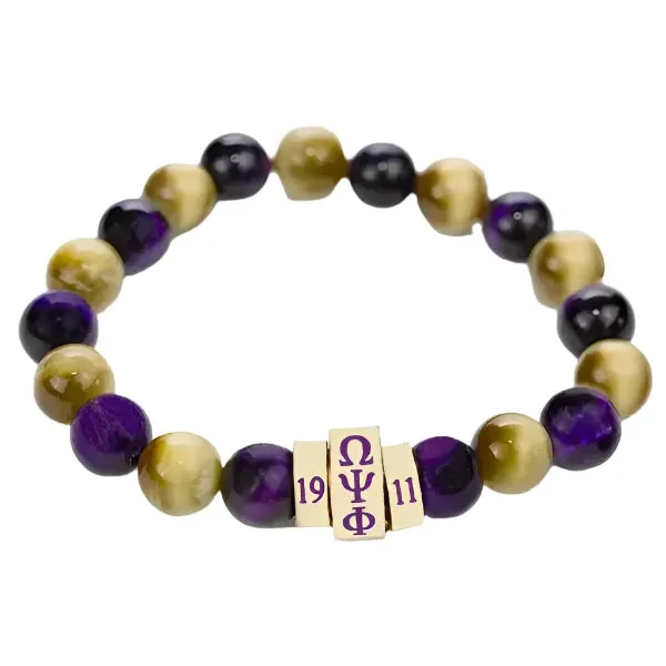 Omega Psi Phi Natural Stone Beaded Bracelet Purple and Gold