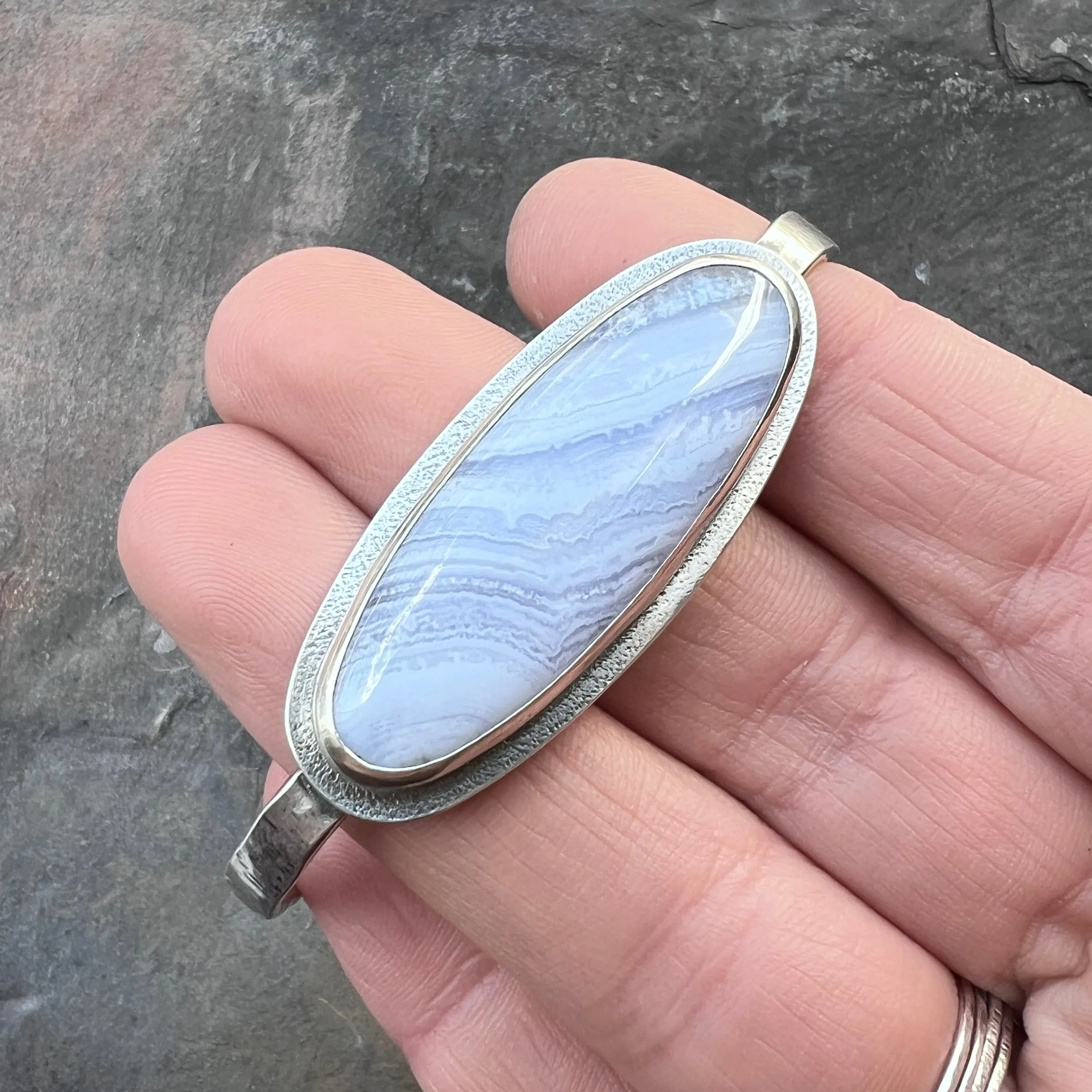Sterling Silver Blue Lace Agate Bracelet | Natural Stone Cabochon Cuff Bracelet
