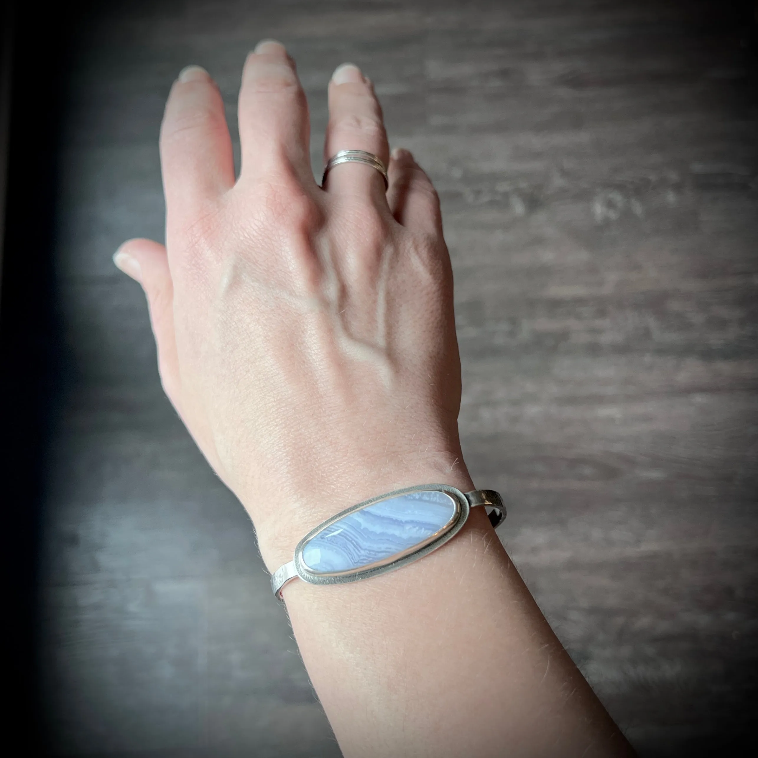 Sterling Silver Blue Lace Agate Bracelet | Natural Stone Cabochon Cuff Bracelet