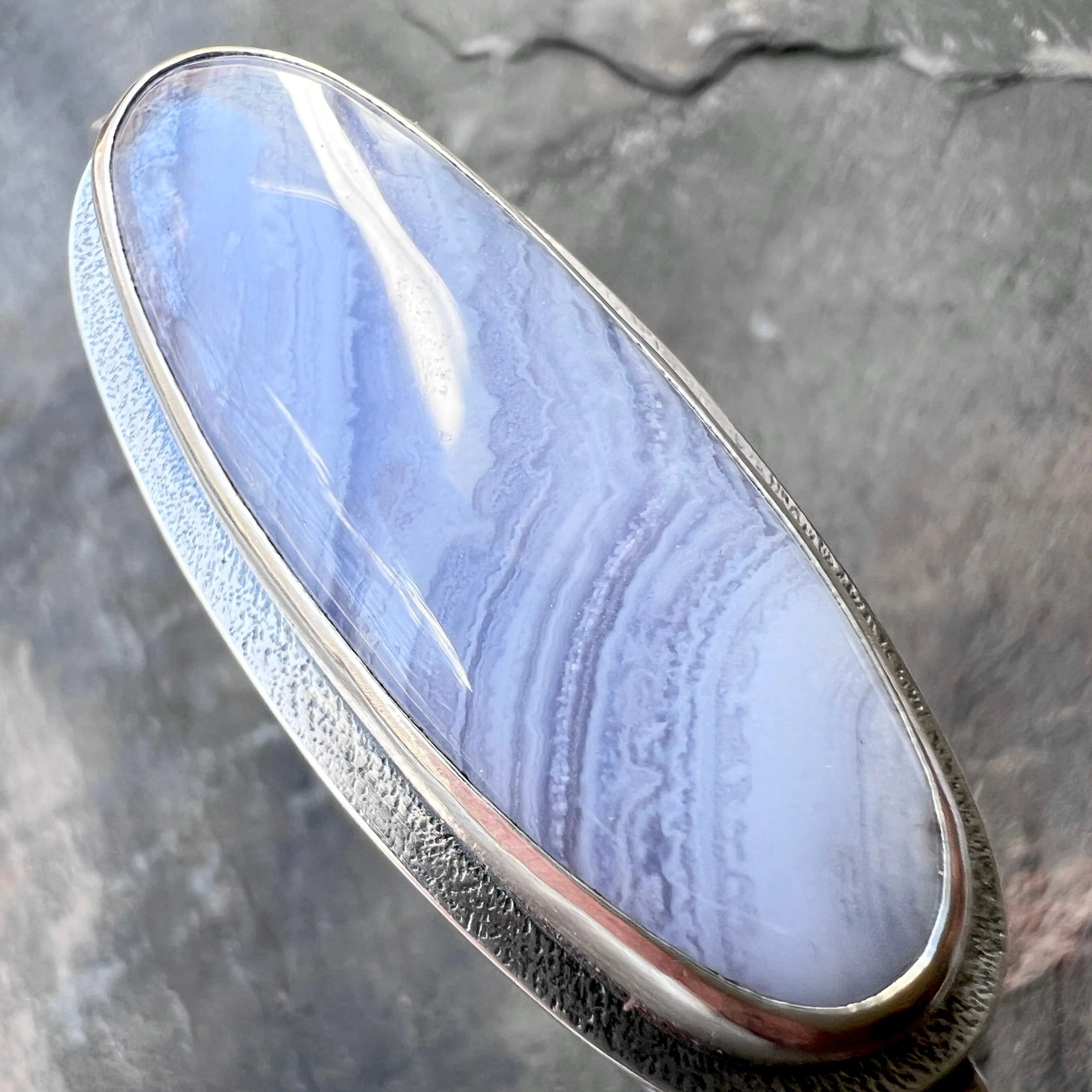 Sterling Silver Blue Lace Agate Bracelet | Natural Stone Cabochon Cuff Bracelet