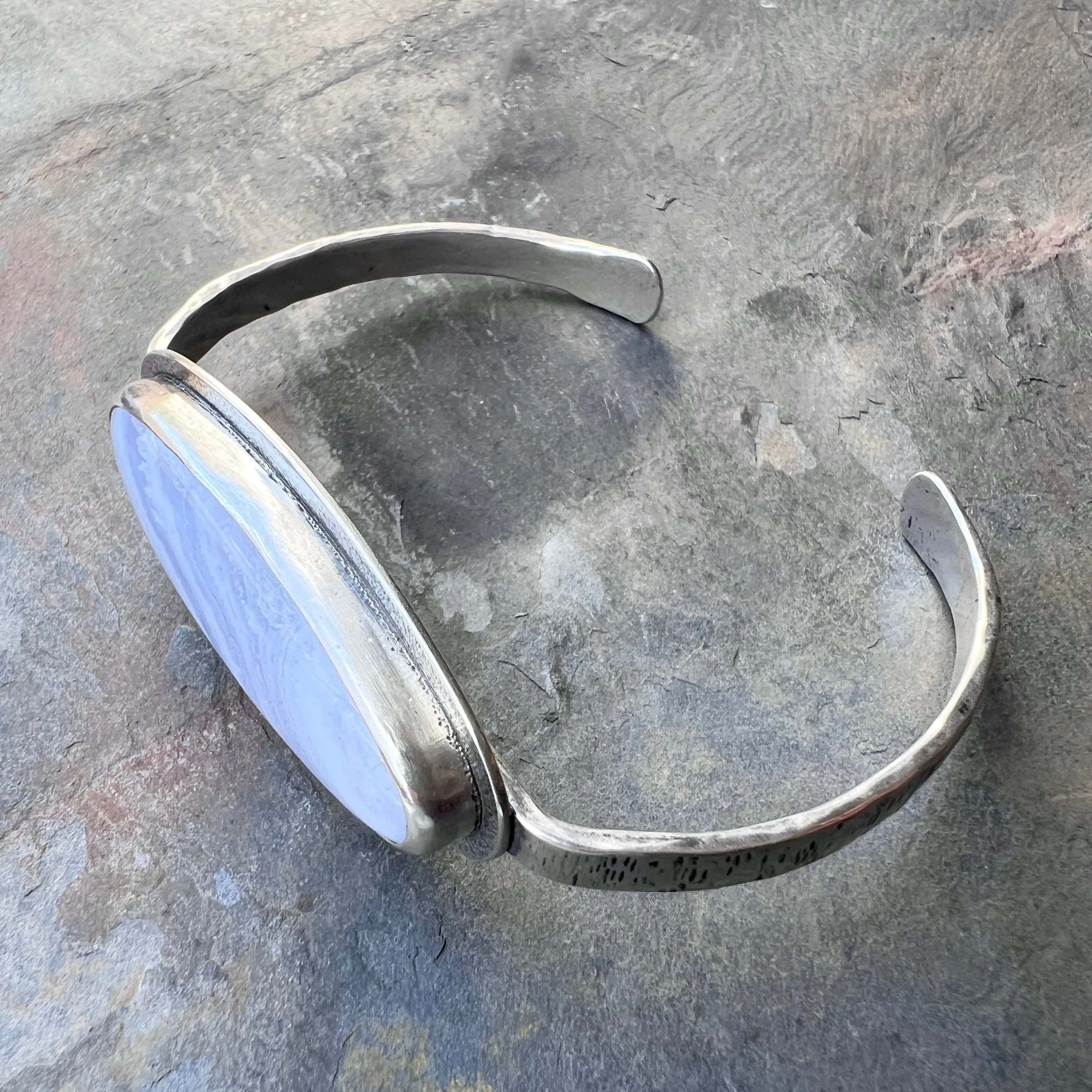 Sterling Silver Blue Lace Agate Bracelet | Natural Stone Cabochon Cuff Bracelet