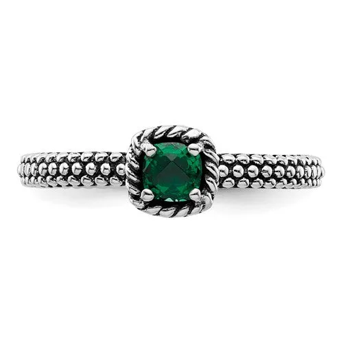 Sterling Silver Stackable Expressions Created Emerald Cushion Ring