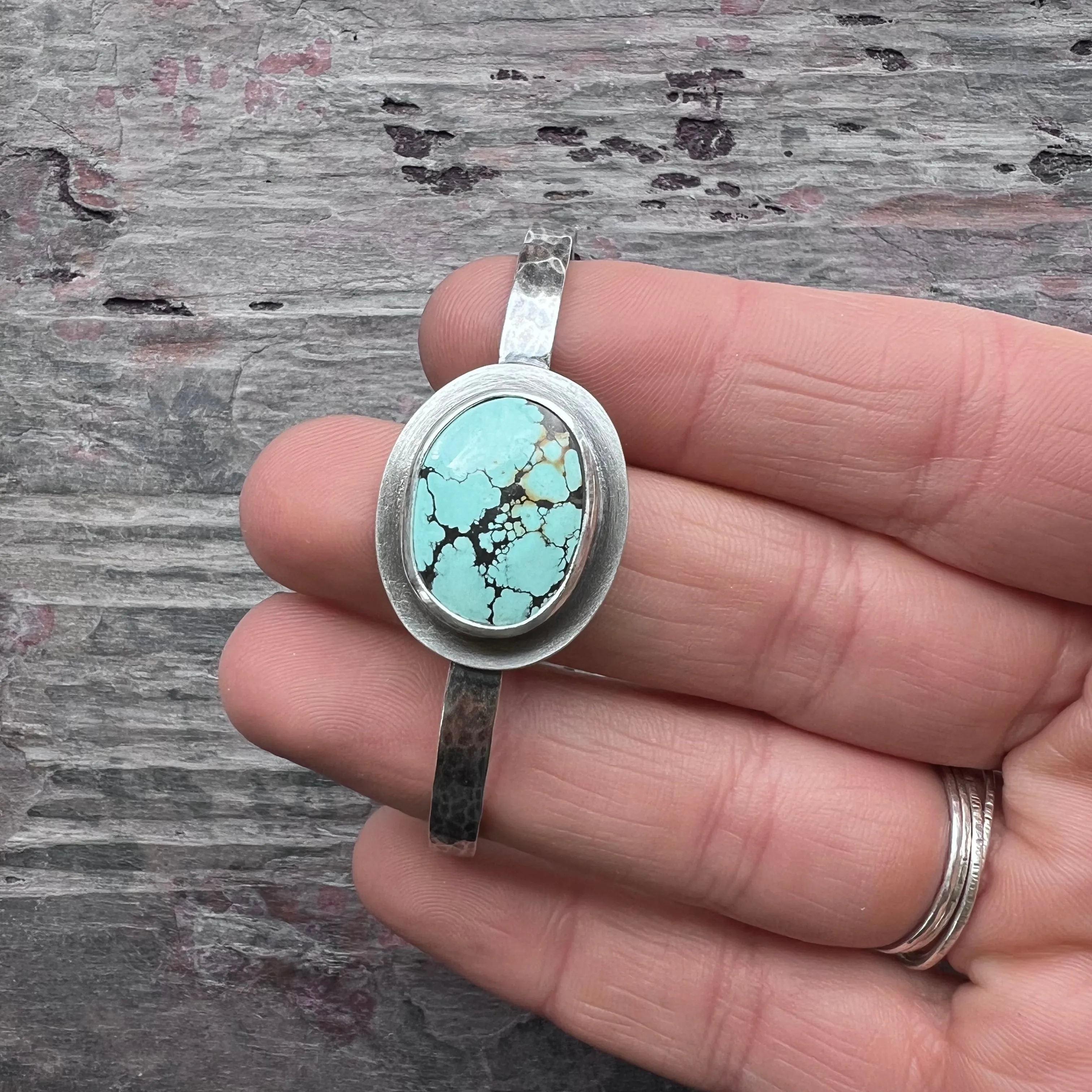 Sterling Silver Turquoise Bracelet | Genuine Natural Turquoise Hammered Cuff Bracelet