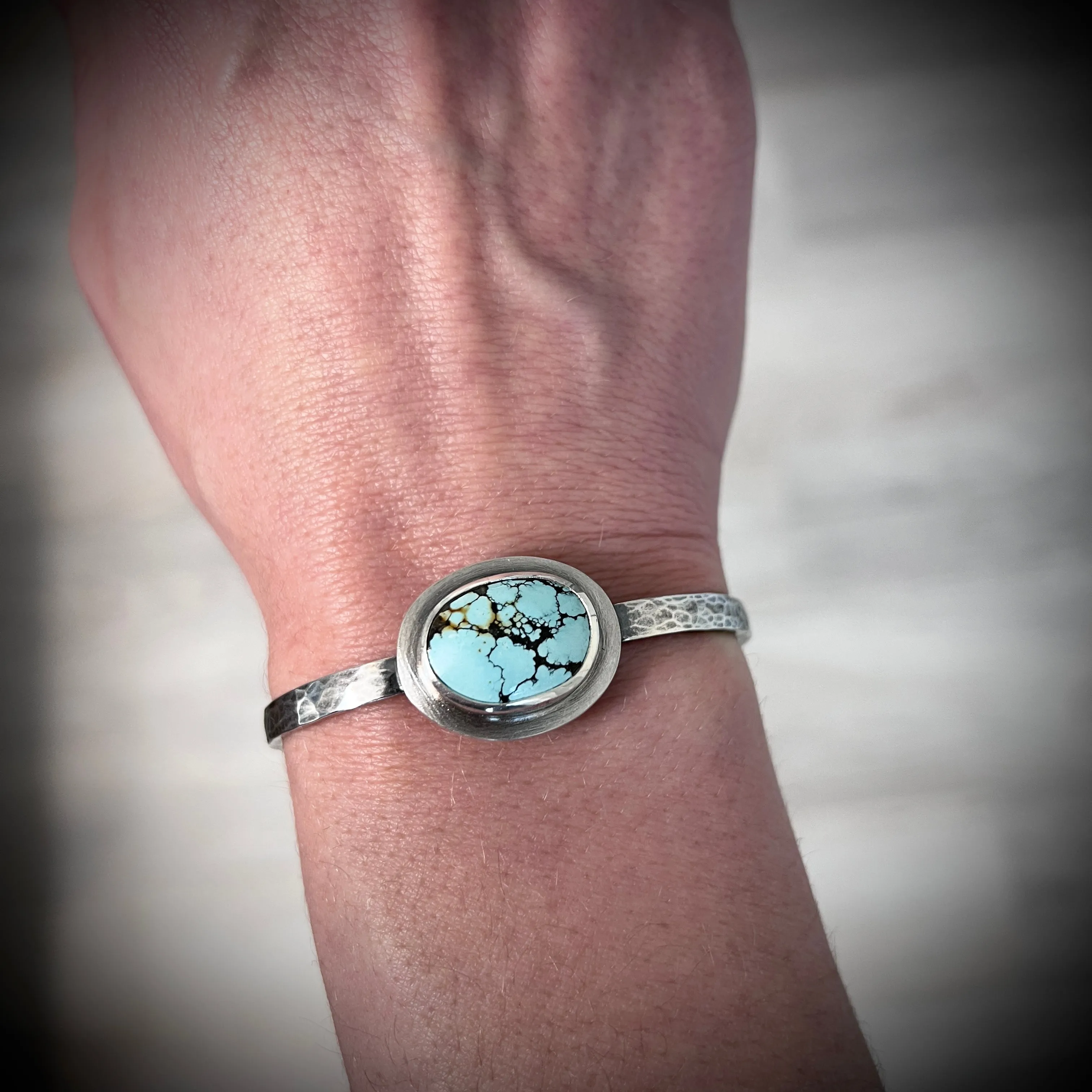 Sterling Silver Turquoise Bracelet | Genuine Natural Turquoise Hammered Cuff Bracelet